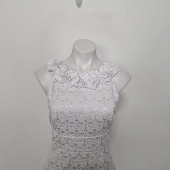 Maggy London White Lace Ruffle Neck Romantic Bridal Sheath Midi Dress Size 8 - Picture 2 of 14